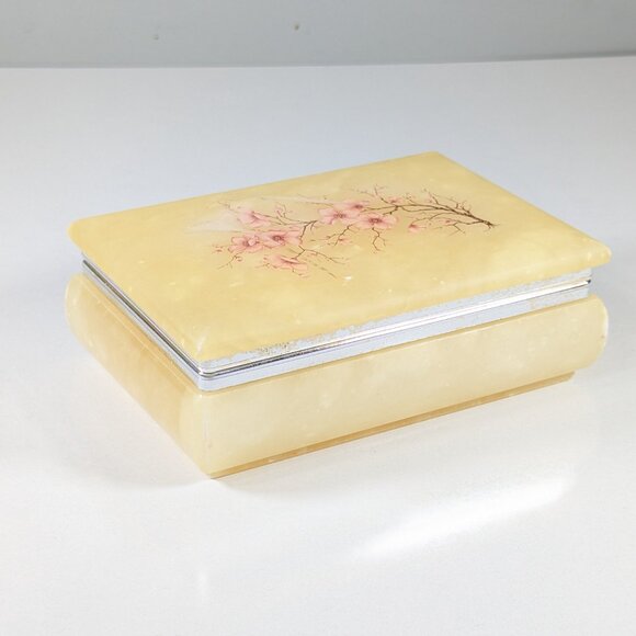 Vintage Italy genuine alabaster trinket box, cherry blossom jewelry storage box - Picture 5 of 15